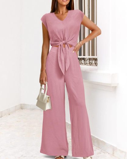 Women's Summer Cap Sleeve V Neck Belted Crop Tops Wide Leg Pant Sets