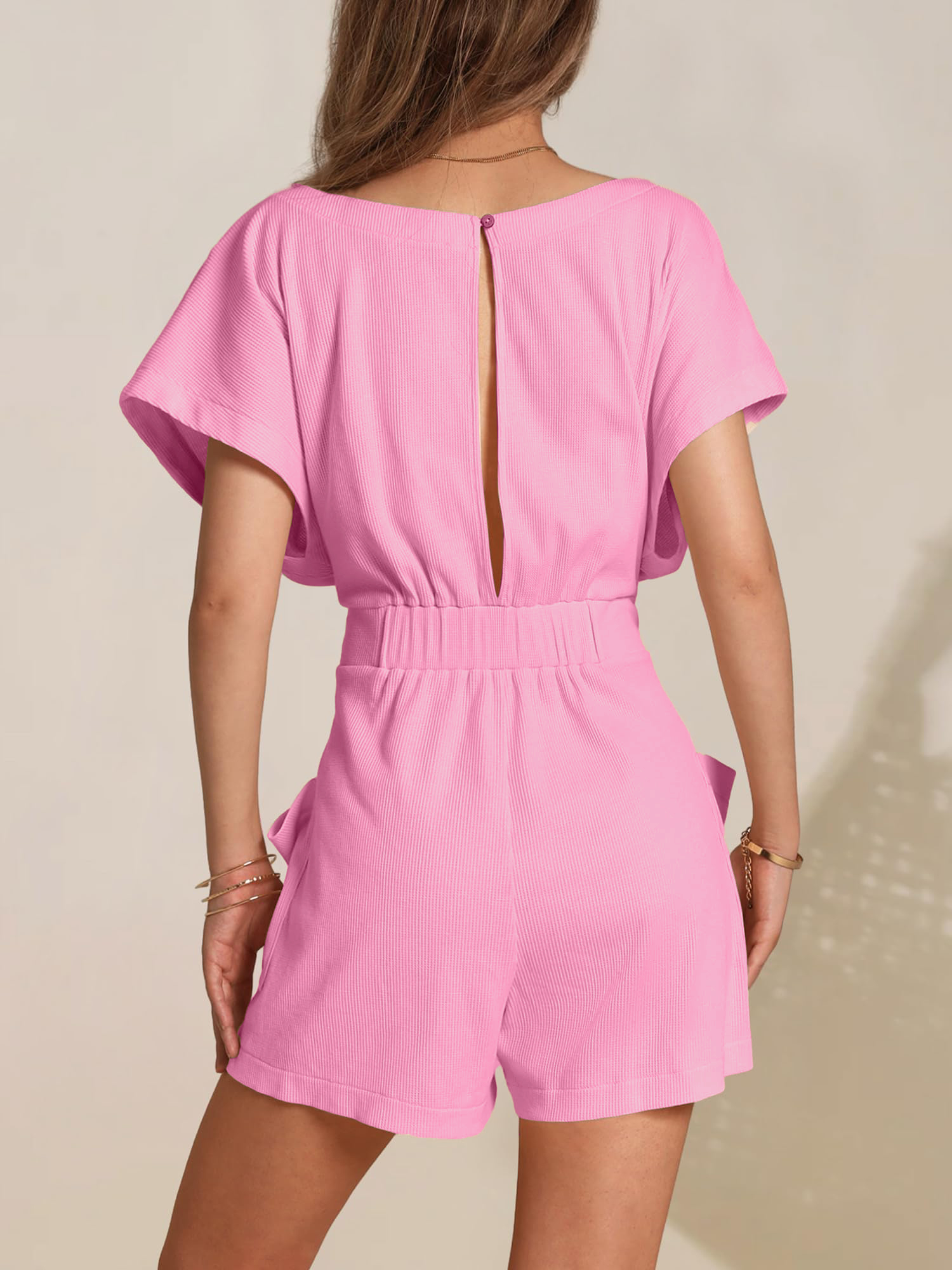 Crew Neck Knitted Lace-up Short Sleeves