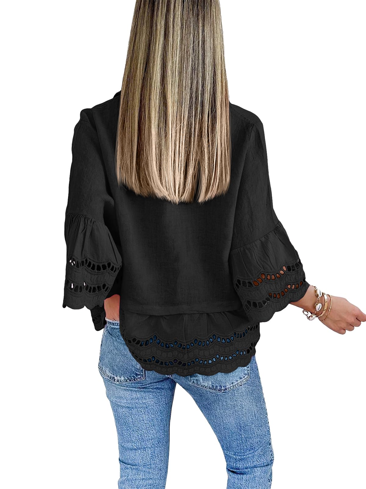 2024 Chic Ruffle Hem Blouse with Hollow Out Design(Buy 2 Free Shipping）
