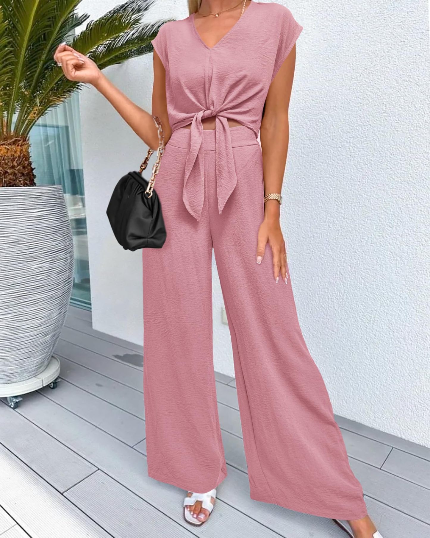 Women's Summer Cap Sleeve V Neck Belted Crop Tops Wide Leg Pant Sets