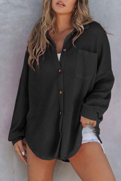 Waffle Knit Button Down Shirt Casual Long Sleeve