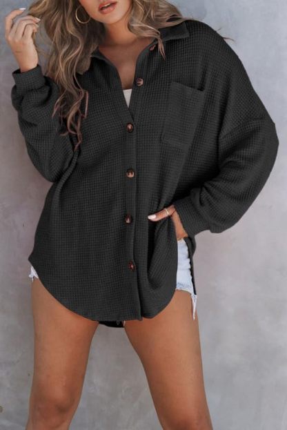 Waffle Knit Button Down Shirt Casual Long Sleeve