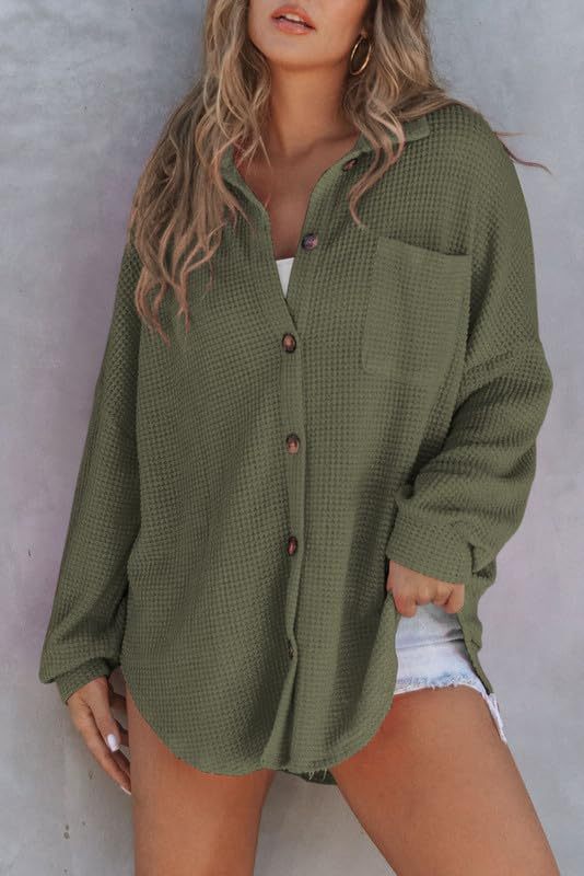 Waffle Knit Button Down Shirt Casual Long Sleeve