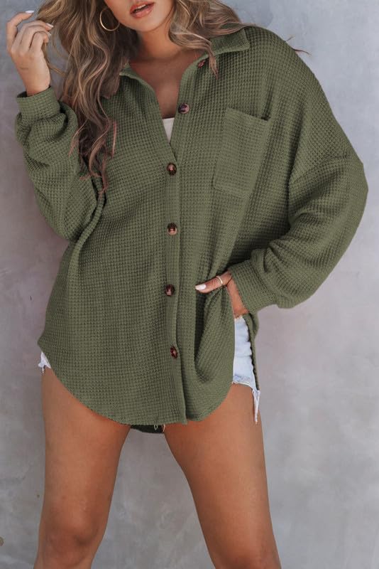 Waffle Knit Button Down Shirt Casual Long Sleeve