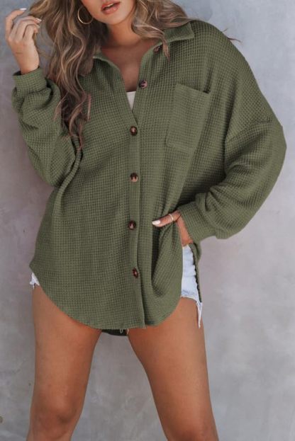 Waffle Knit Button Down Shirt Casual Long Sleeve