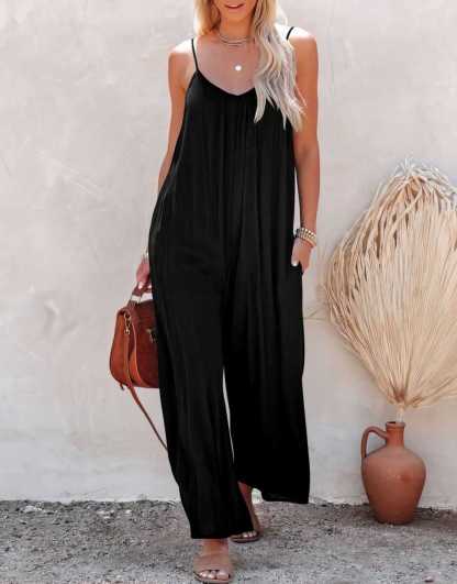 Sleeveless Spaghetti Strap Wide Leg Jumpsuits with Pockets