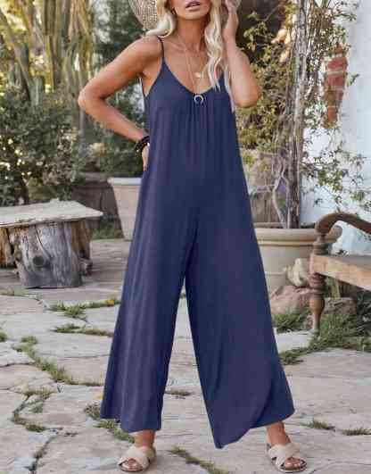 Sleeveless Spaghetti Strap Wide Leg Jumpsuits with Pockets