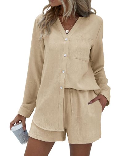 V-neck Button-down Shirt and Shorts Set of 2 (With Pockets)