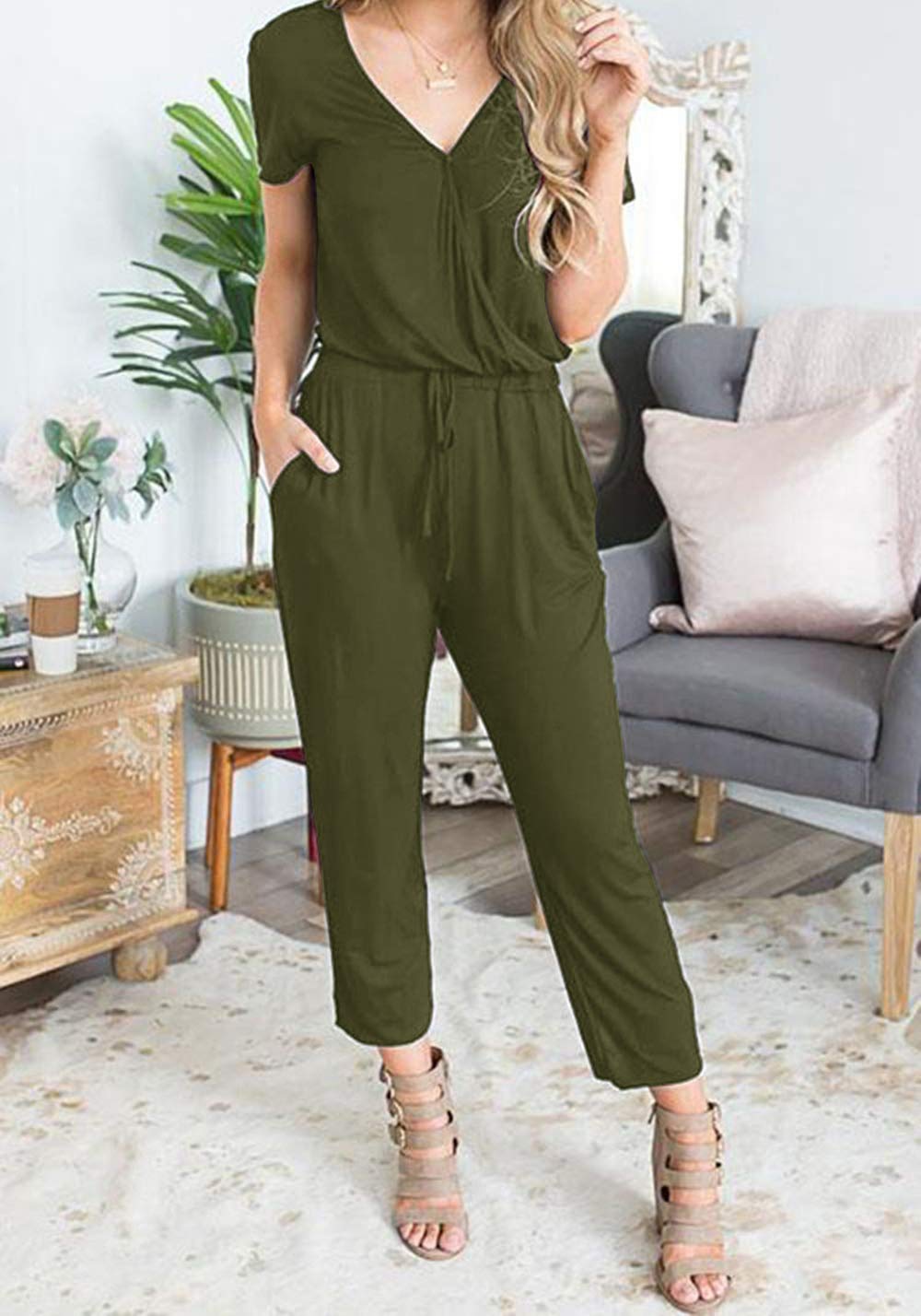 Casual Deep V-neck Short-sleeved Wrap Drawstring Jumpsuit