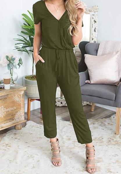 Casual Deep V-neck Short-sleeved Wrap Drawstring Jumpsuit