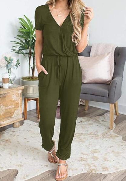 Casual Deep V-neck Short-sleeved Wrap Drawstring Jumpsuit