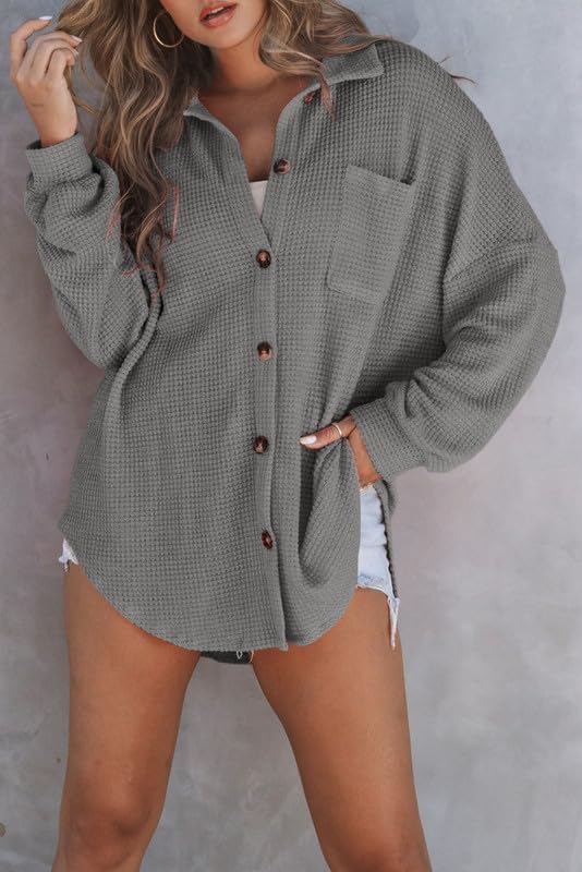 Waffle Knit Button Down Shirt Casual Long Sleeve