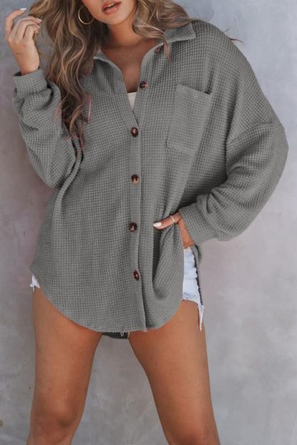 Waffle Knit Button Down Shirt Casual Long Sleeve