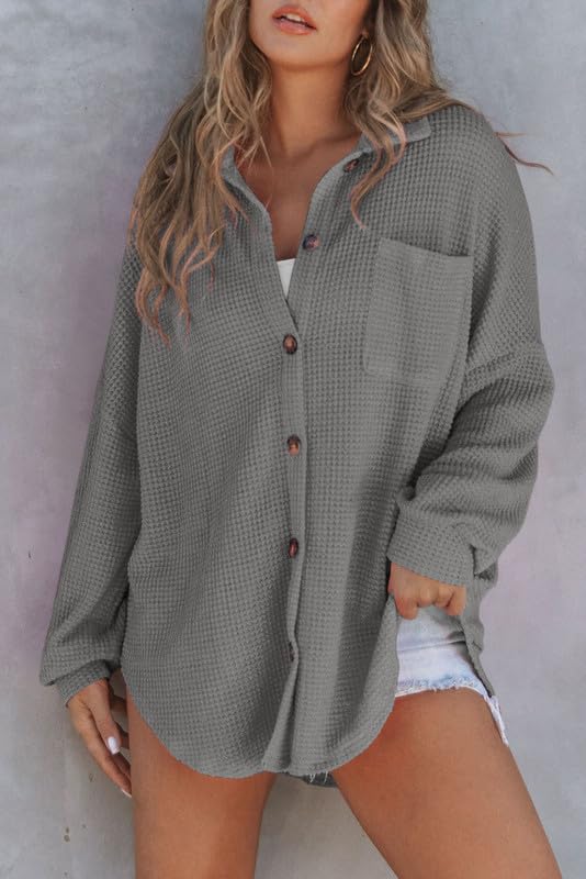 Waffle Knit Button Down Shirt Casual Long Sleeve
