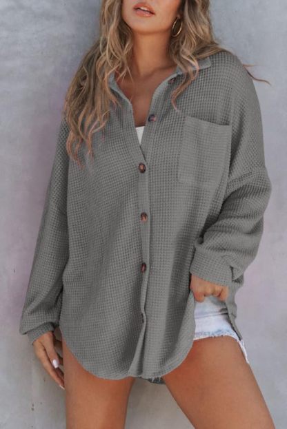 Waffle Knit Button Down Shirt Casual Long Sleeve