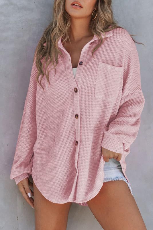Waffle Knit Button Down Shirt Casual Long Sleeve