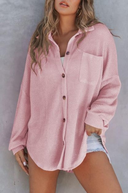 Waffle Knit Button Down Shirt Casual Long Sleeve