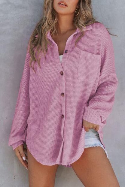 Waffle Knit Button Down Shirt Casual Long Sleeve