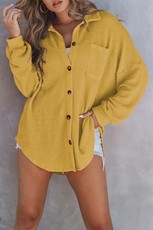 Waffle Knit Button Down Shirt Casual Long Sleeve
