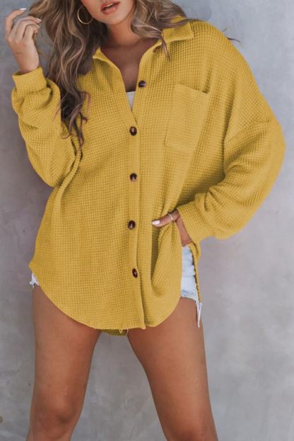 Waffle Knit Button Down Shirt Casual Long Sleeve