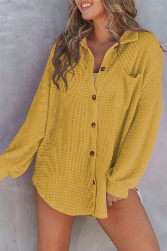 Waffle Knit Button Down Shirt Casual Long Sleeve