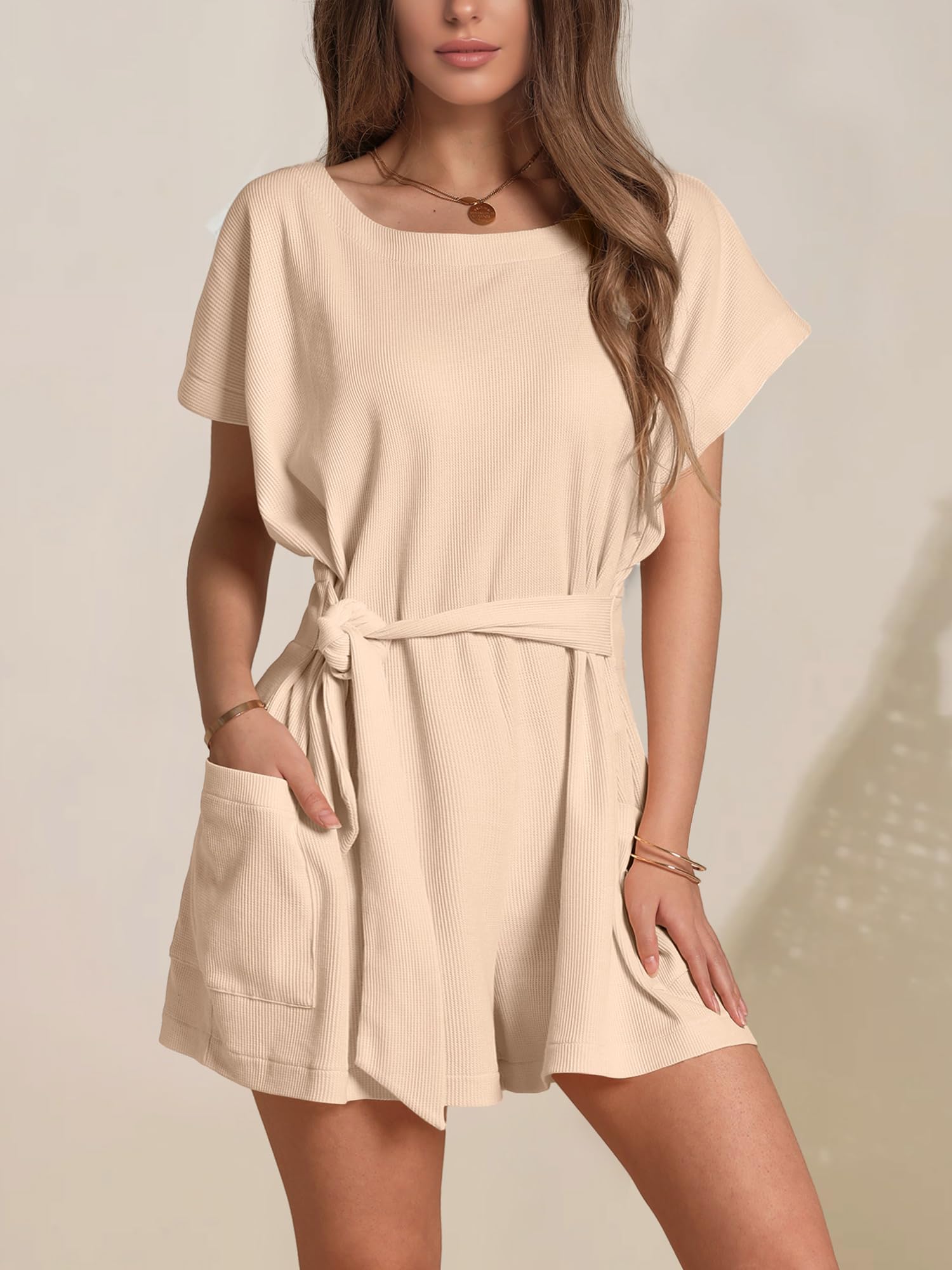 Round neck waffle knit casual tie waist short sleeves