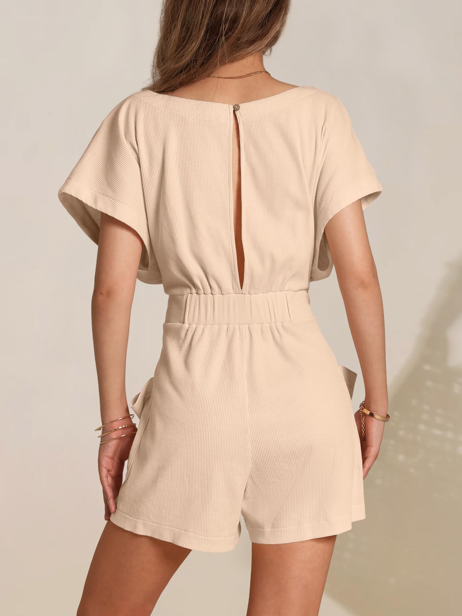 Round neck waffle knit casual tie waist short sleeves