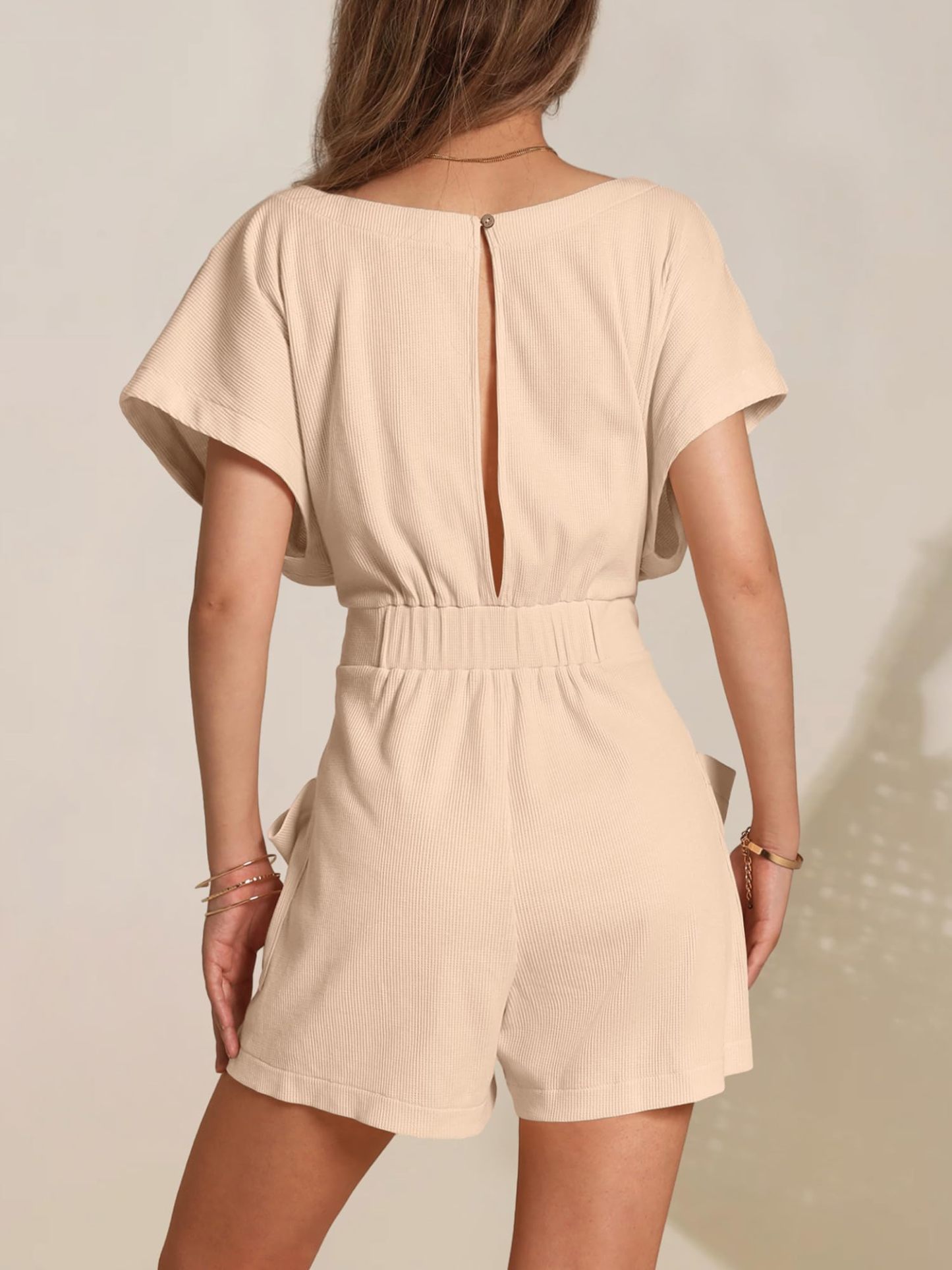 Round neck waffle knit casual tie waist short sleeves