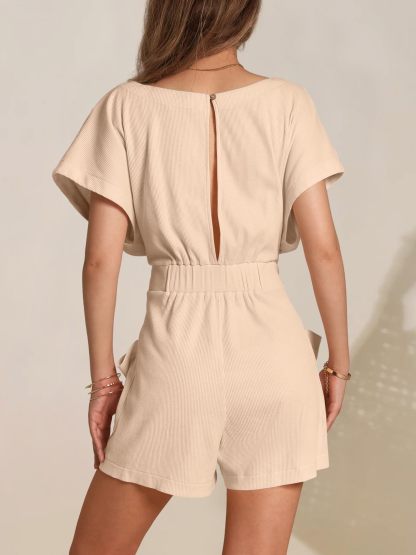 Round neck waffle knit casual tie waist short sleeves