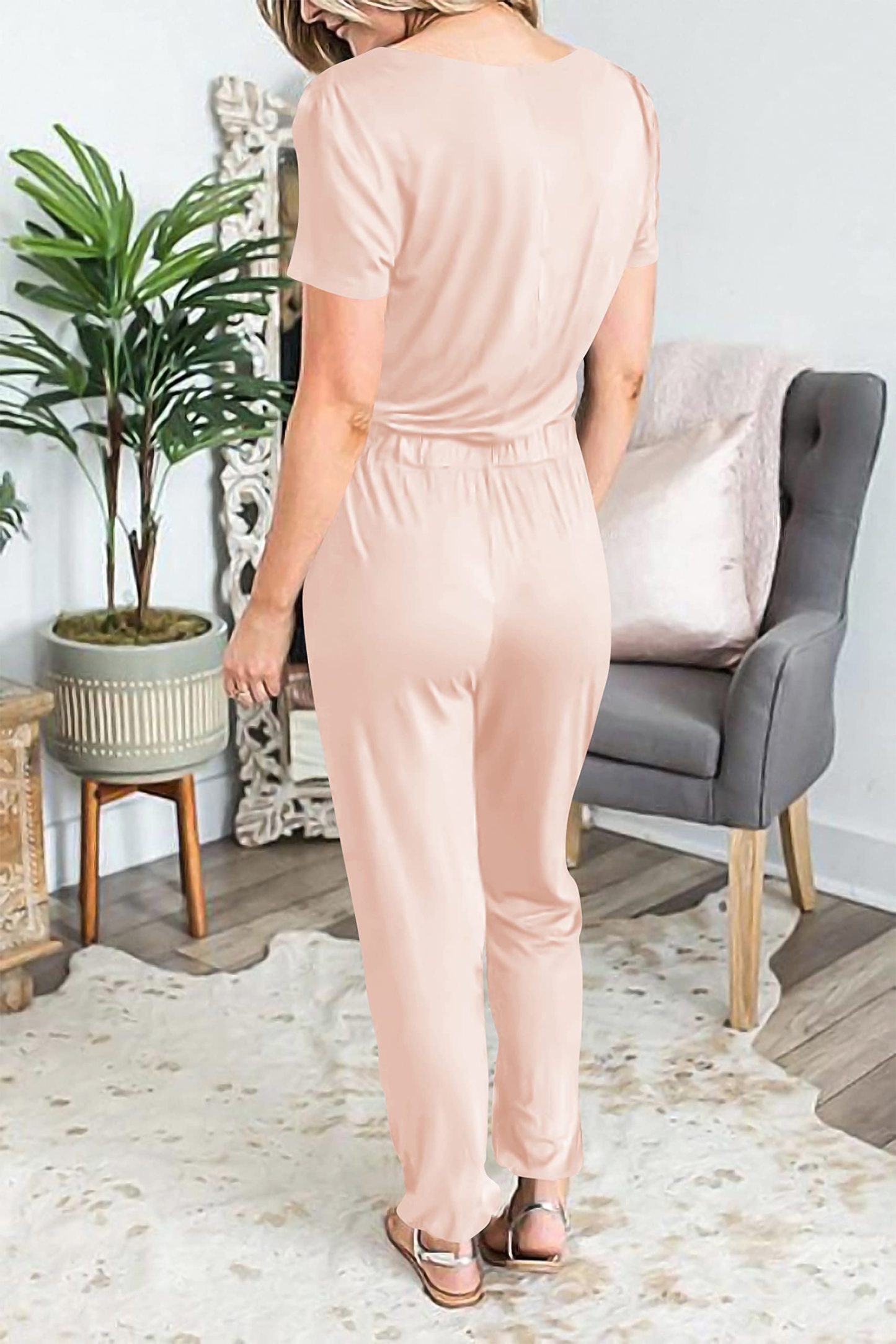 Casual Deep V-neck Short-sleeved Wrap Drawstring Jumpsuit