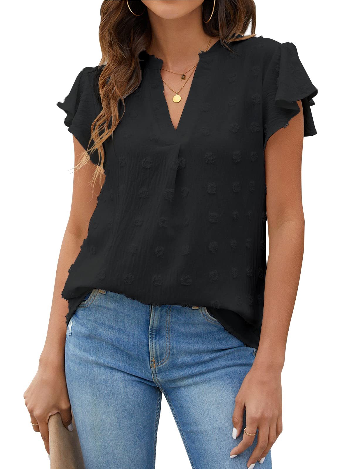 Womens V Neck Ruffle Sleeve Flowy  Summer Tops(BUY 2 FREE SHIPPING)
