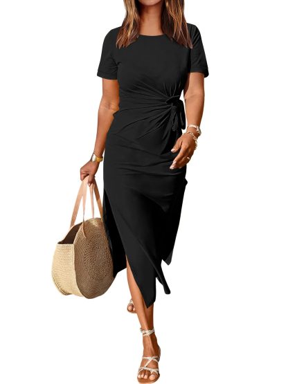 Summer Short-sleeved Round Neck Maxi Slit Dress