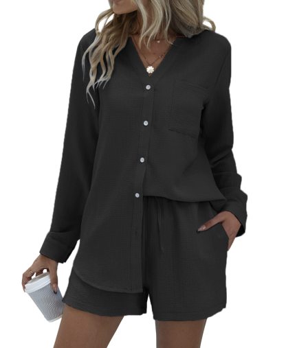 V-neck Button-down Shirt and Shorts Set of 2 (With Pockets)