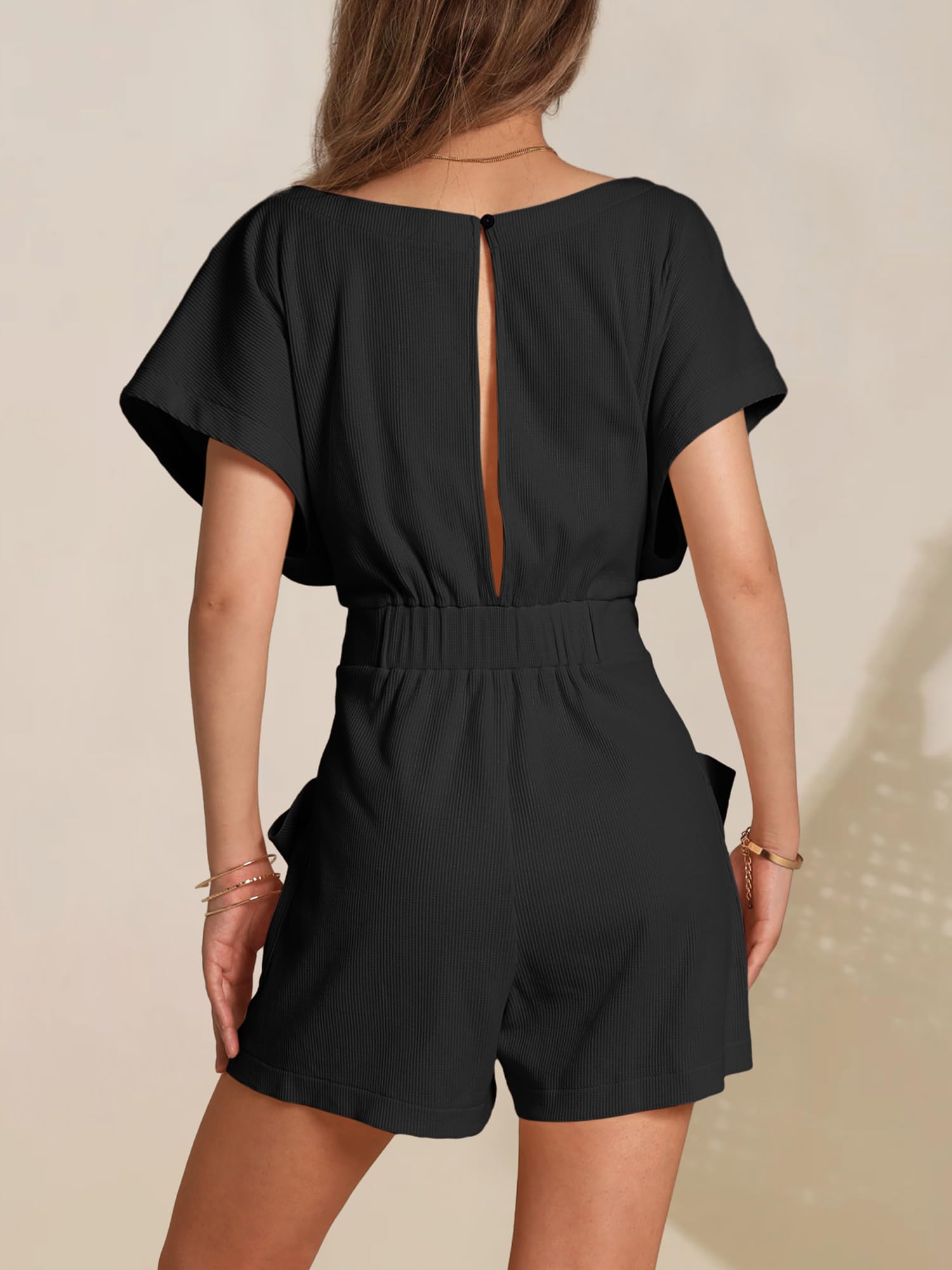 Round neck waffle knit casual tie waist short sleeves