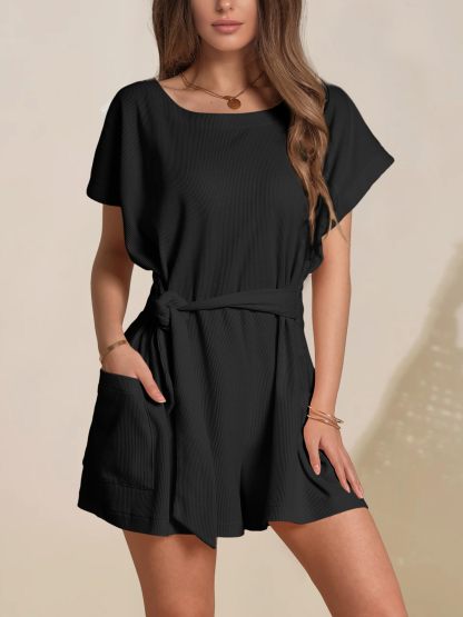 Round neck waffle knit casual tie waist short sleeves