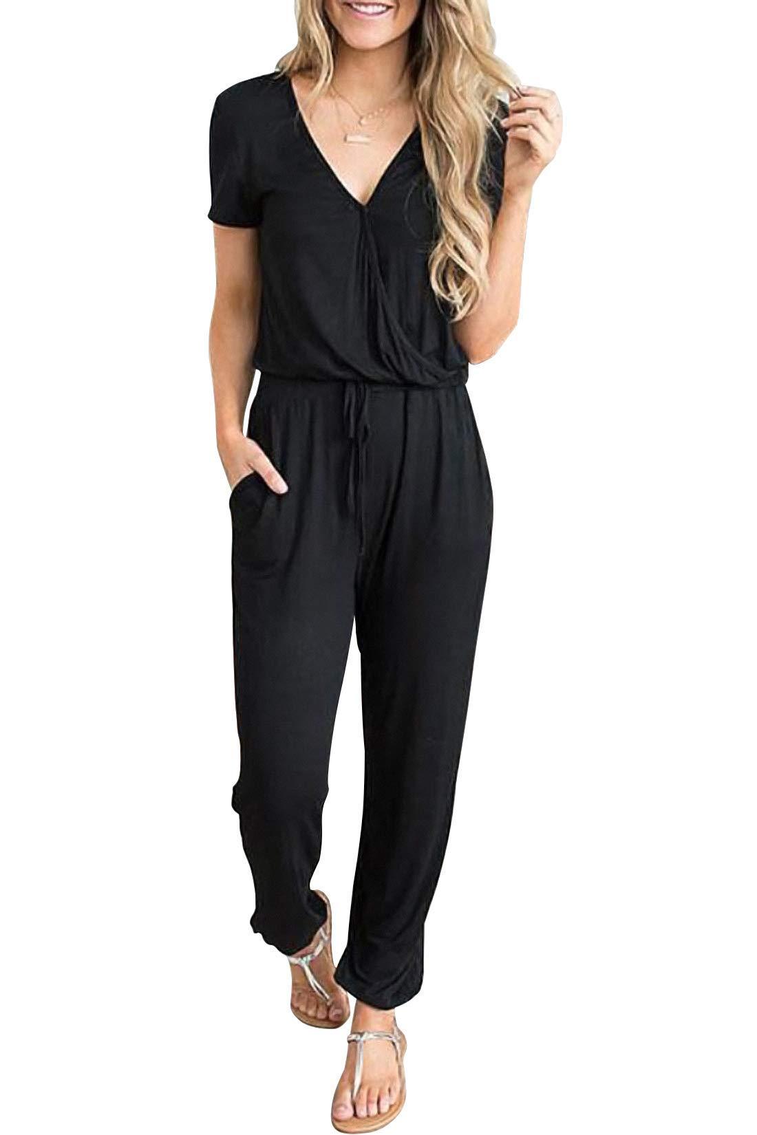 Casual Deep V-neck Short-sleeved Wrap Drawstring Jumpsuit