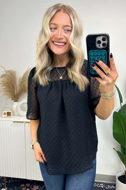 Exceptional Entrance Swiss Dot Flutter Sleeve Top
