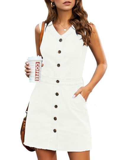 Women's Casual V Neck Sleeveless Denim Short Dress