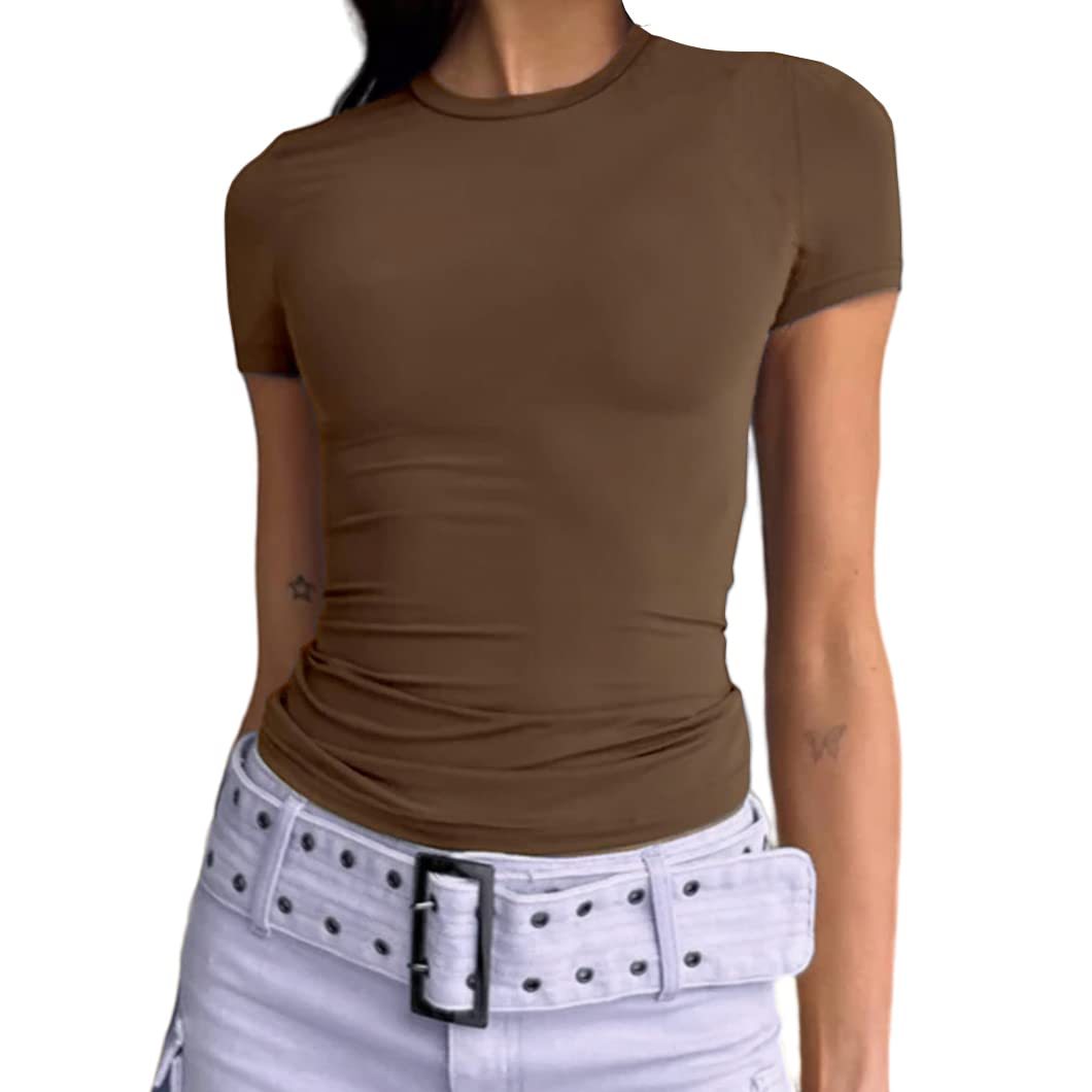 Slim Fit Short Sleeve Crew Neck Tight T Shirts-Pink Laura