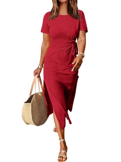 Summer Short-sleeved Round Neck Maxi Slit Dress