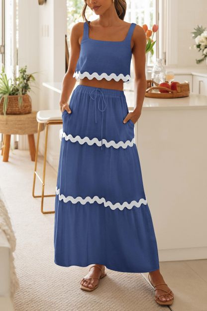 Women's Casual Sleeveless Cropped Tank Top High Waisted Maxi Skirt Set