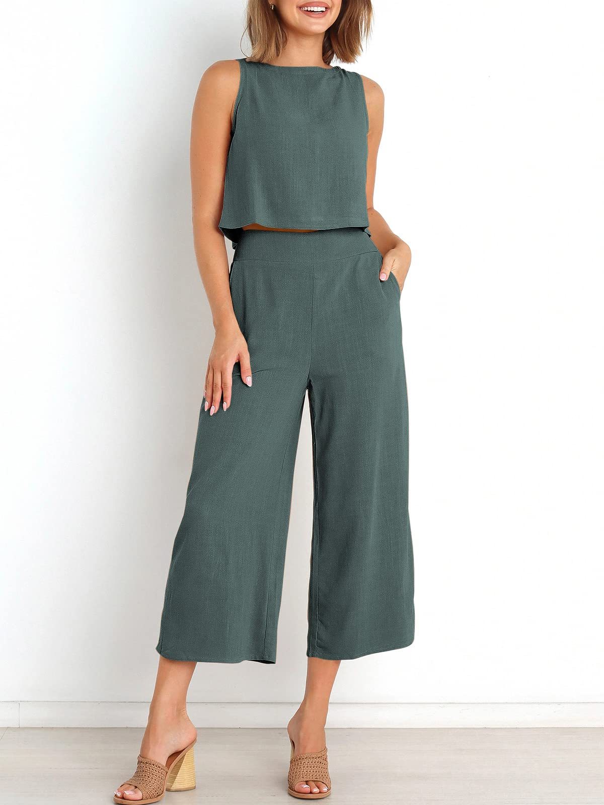 Sleeveless Tank Wide Leg Pants With Pockets-hivebabe.com