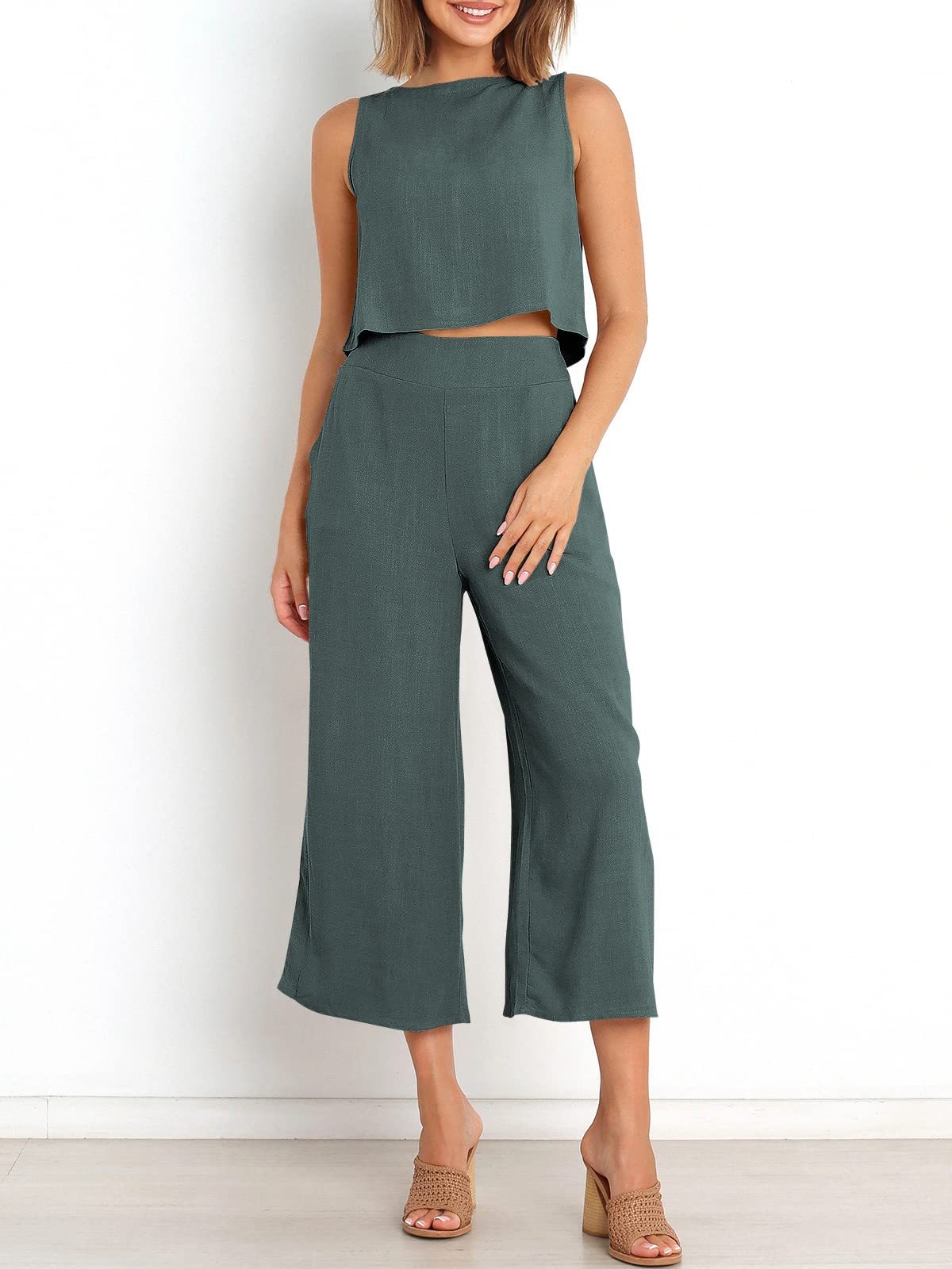 Sleeveless Tank Wide Leg Pants With Pockets-hivebabe.com