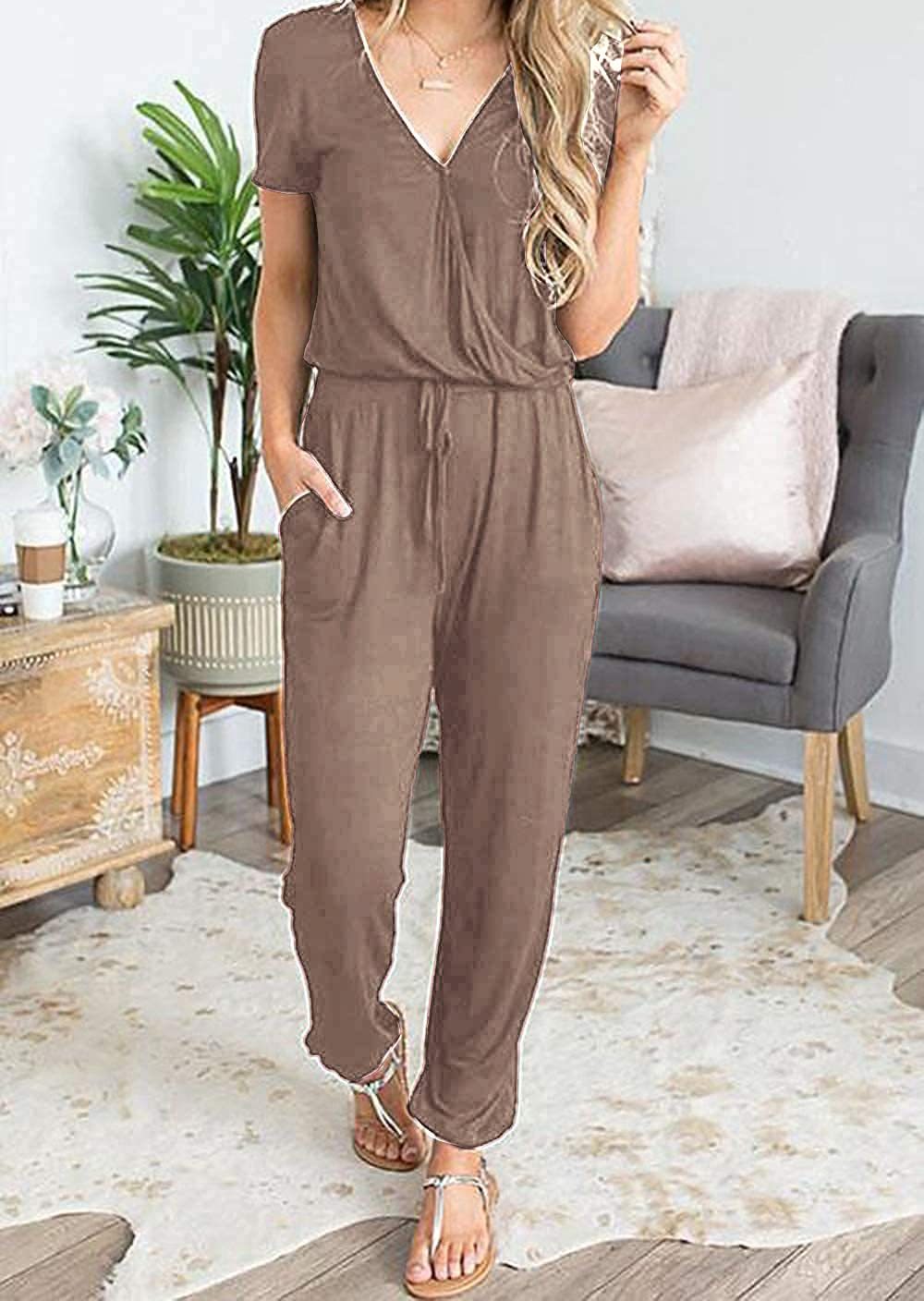 Casual Deep V-neck Short-sleeved Wrap Drawstring Jumpsuit