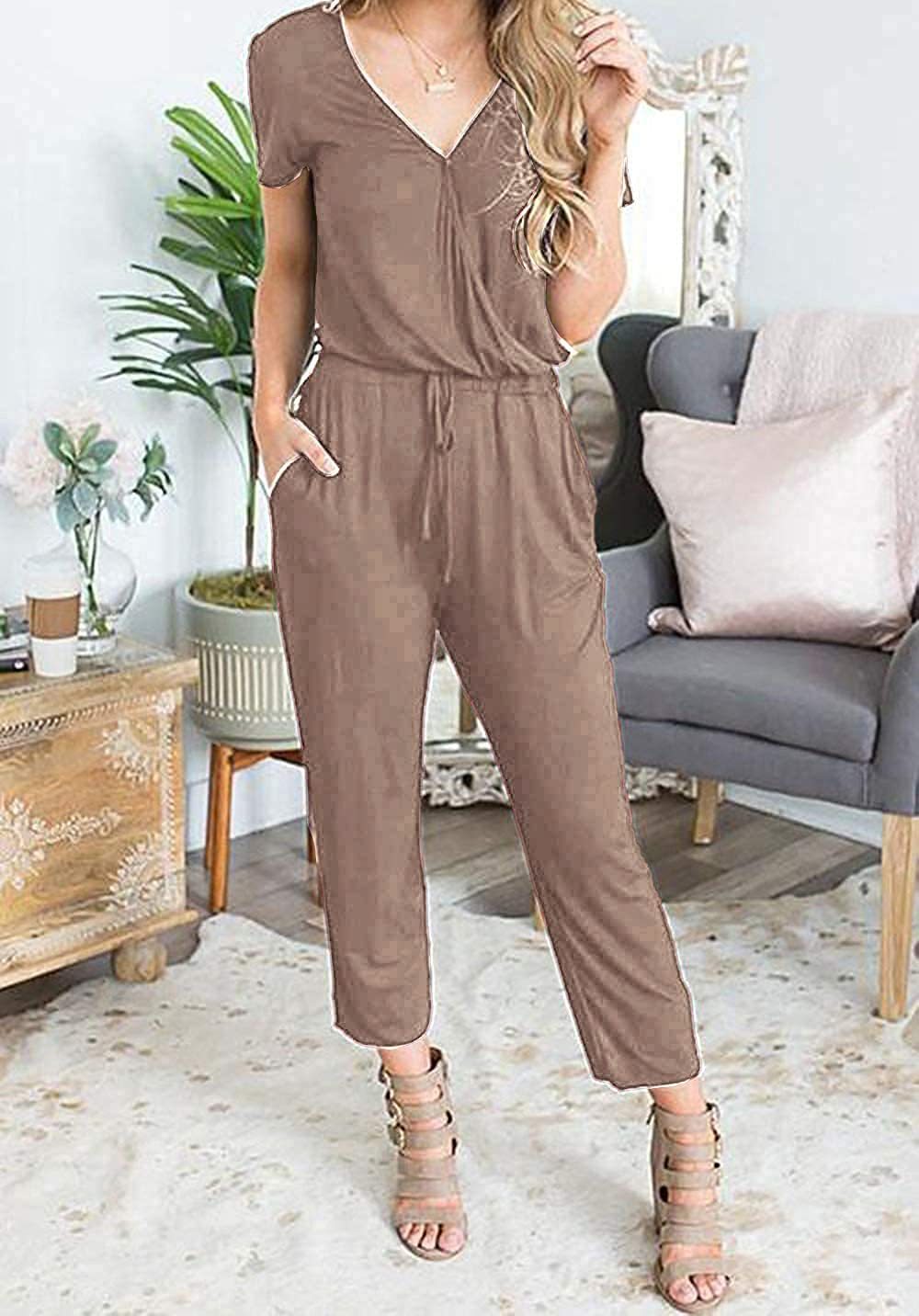 Casual Deep V-neck Short-sleeved Wrap Drawstring Jumpsuit