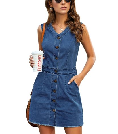 Women's Casual V Neck Sleeveless Denim Short Dress