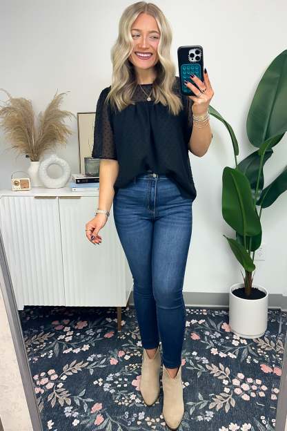Exceptional Entrance Swiss Dot Flutter Sleeve Top