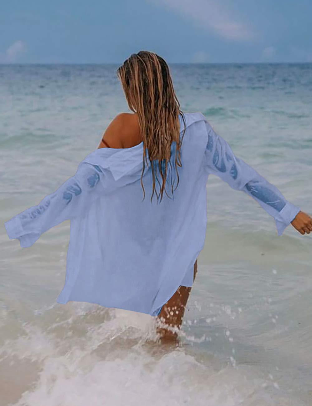 Women Long Sleeve Beach Shirt Blouses Bathing Suit Cover Up