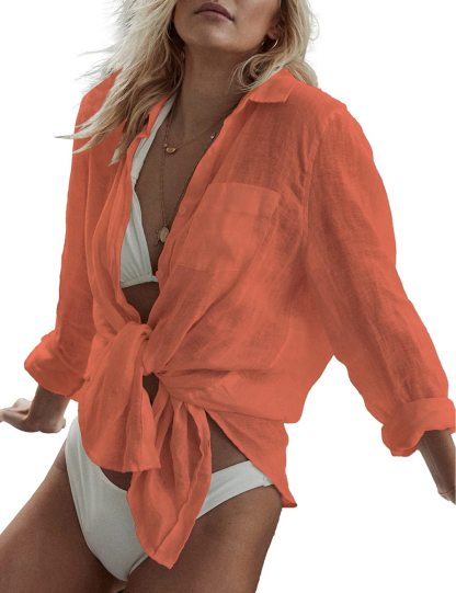 Women Long Sleeve Beach Shirt Blouses Bathing Suit Cover Up