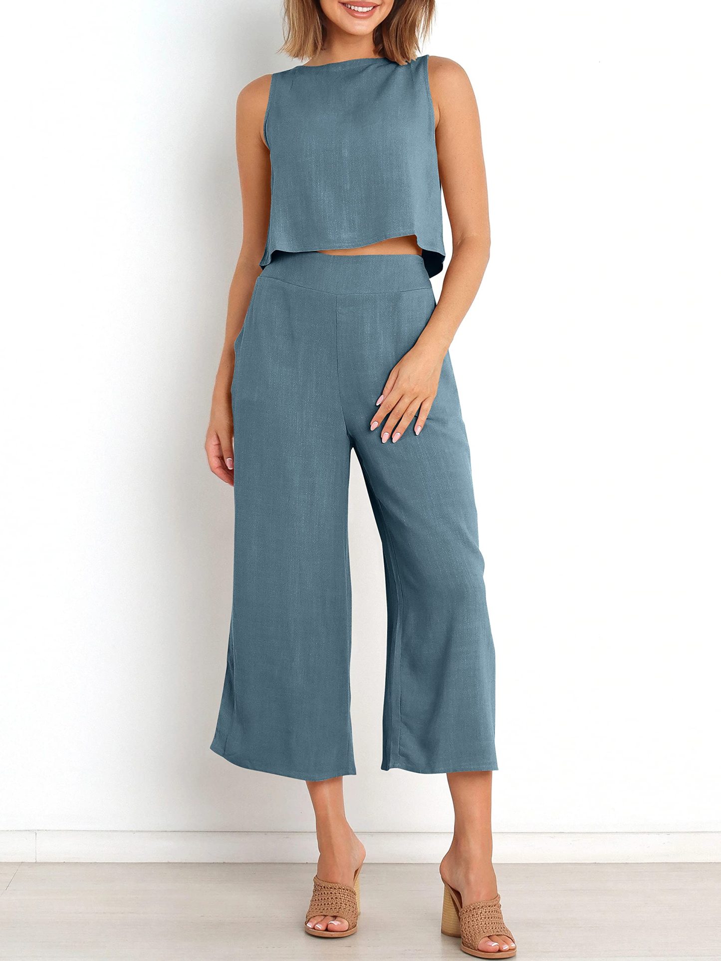 Sleeveless Tank Wide Leg Pants With Pockets-hivebabe.com